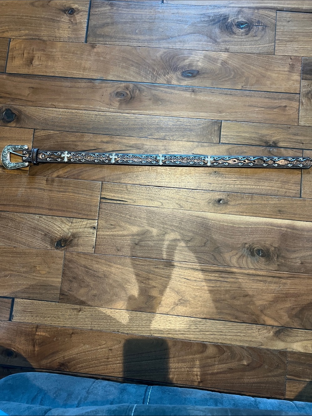 Tooled Brown Leather Belt with Rhinestone Accents
